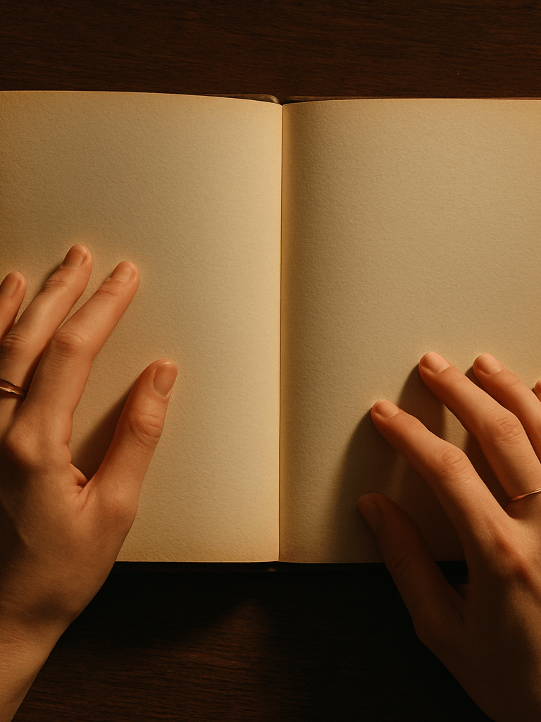 Close overhead shot, warm amber light raking across a dark wood surface, hands with gold rings carefully placing a hardcover book open to an inside spread, purposeful and deliberate, rich textures of paper visible