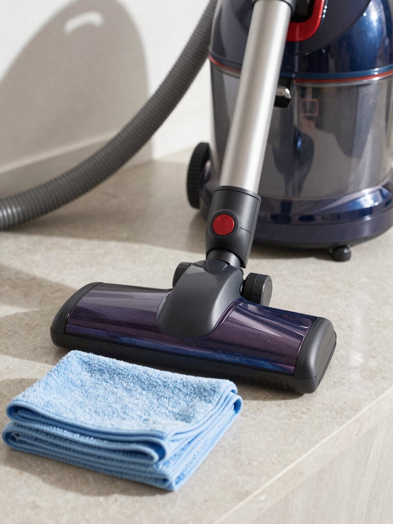 Close-up of professional-grade HEPA vacuum cleaner and neatly folded microfiber cloths on a clean stone countertop, bright morning light.