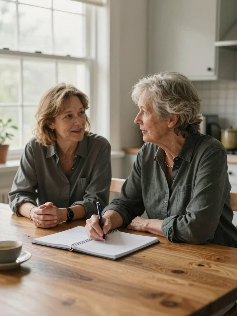 Medium shot of an advisor seated across from an older woman at a kitchen table, both leaning slightly forward in genuine conversation, natural window light from the left, a notepad open between them, warm and unhurried, documentary feel
