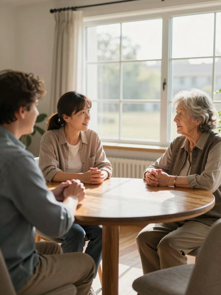 Wide interior shot of a sunlit living room in a senior community, an advisor seated across from an adult daughter and her elderly mother at a round wooden table near a large window, natural morning light falling across their hands and faces, warm documentary style, shallow depth of field, focus on genuine conversation
