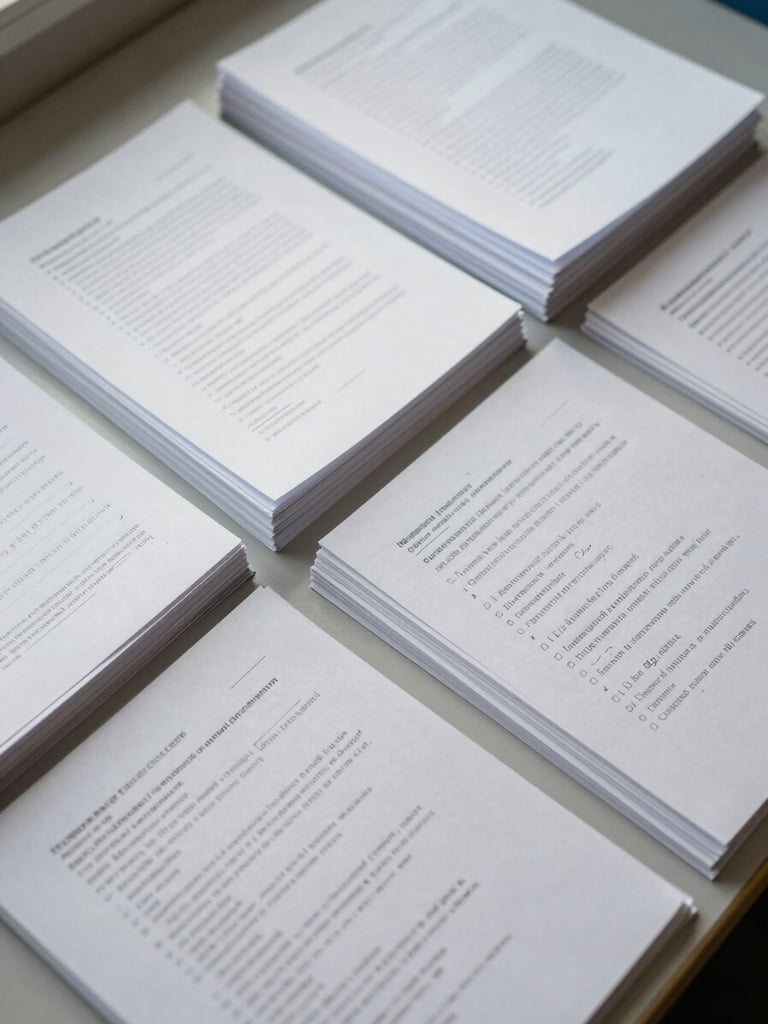 Overhead close-up of organized research documents on a wide work surface, annotated pages and tabbed folders arranged in precise rows, north-facing daylight illuminating paper texture and handwritten margin notes, tight framing emphasizing order and detail