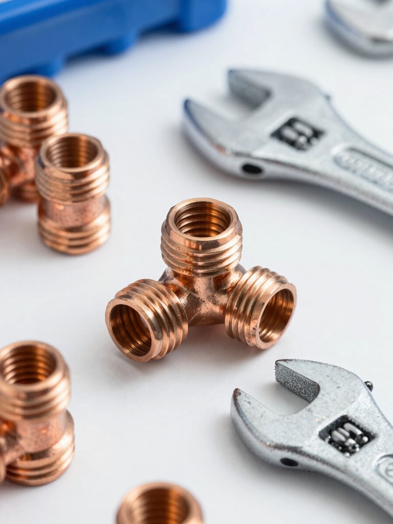 Macro shot of clean copper piping joints and professional brass wrenches on a clean workspace, bright natural daylight, sharp focus.