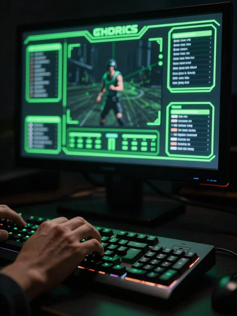 Dark cinematic screen of a trading simulator video game, neon green UI lines, focused hand on a mechanical keyboard, high contrast moody lighting