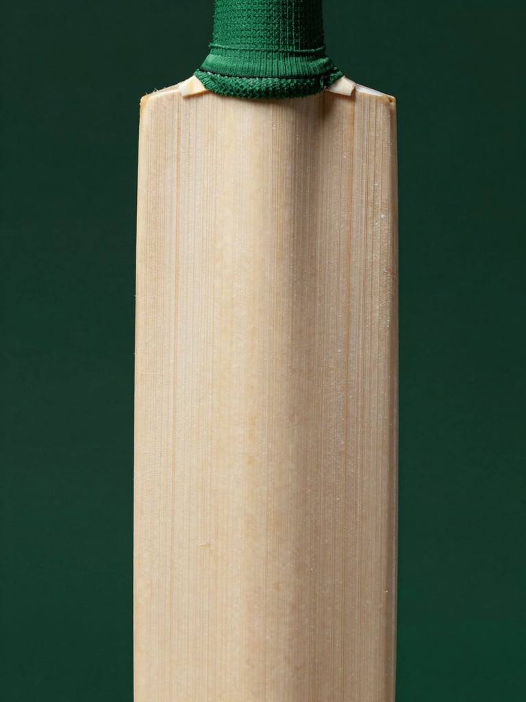 Macro shot of a cricket bat face, showing the clean, straight grains of grade-one English willow, dramatic studio lighting, deep forest green background, 50mm lens