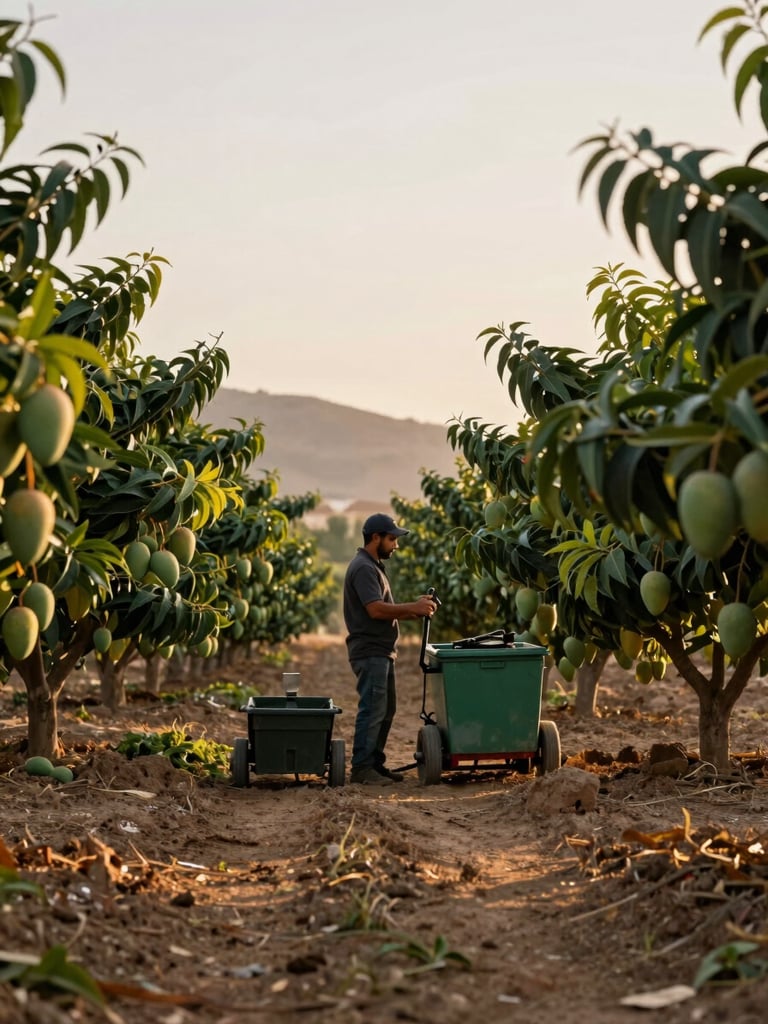 Environmental wide shot of an Almería tropical fruit farm, a grower standing beside a row of mango trees with harvesting equipment nearby, golden hour side light, soil path visible in foreground, hazy hills in background, documentary framing with no posing