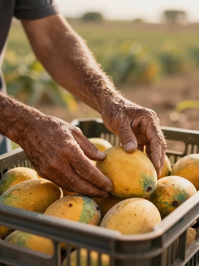 Documentary close-up, a grower's weathered hands sorting individual mangoes in a crate interior, Almería field visible in soft focus background, warm golden-hour daylight, skin texture and natural imperfections clearly visible, no styling