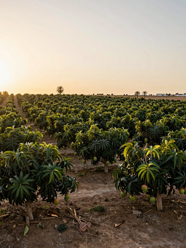 Wide shot of Almería tropical fields at golden hour, rows of mango trees extending into the distance, warm low light, documentary framing, no people