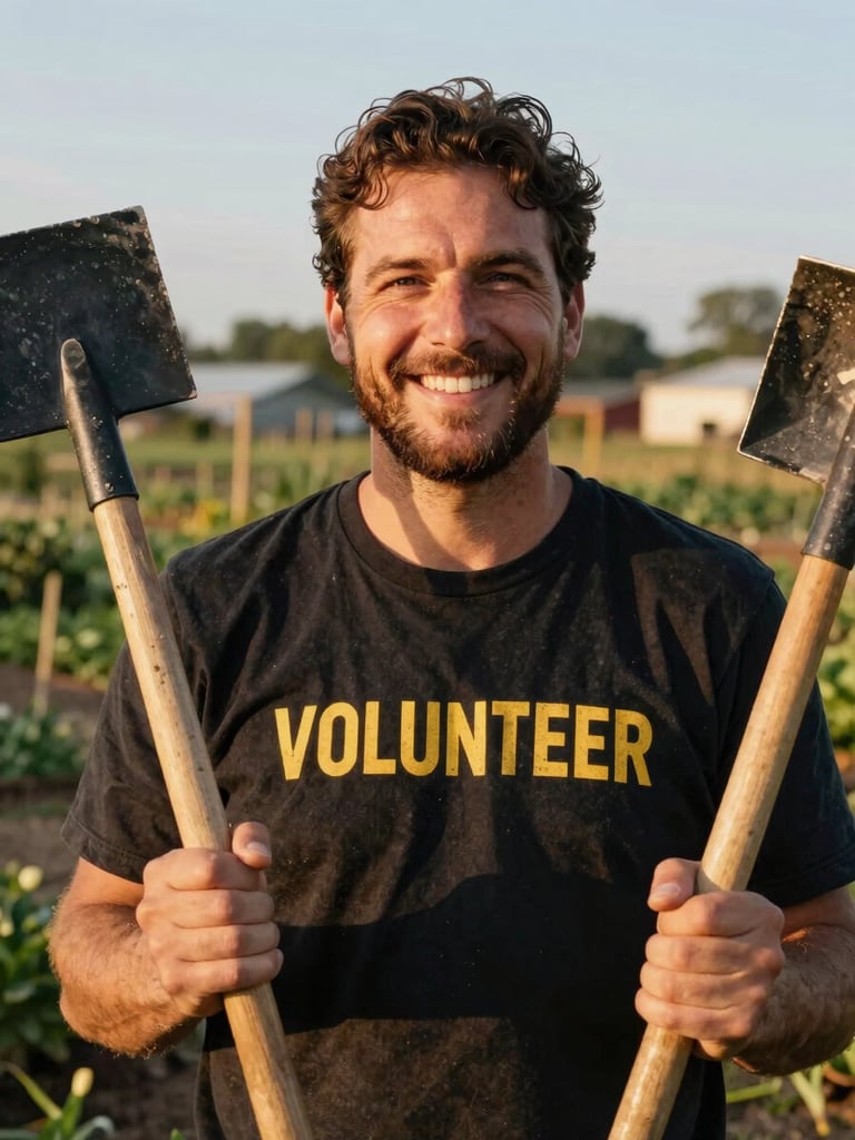 Close-up portrait of a friendly local volunteer smiling in a garden, holding wooden tools, warm natural golden-hour lighting, authentic Sterling Kansas setting, 35mm