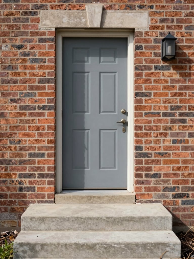 Straight-on medium shot of a residential front entry — painted door, concrete steps, and brick facade under clear midday light, unoccupied, no signage, clinical clarity