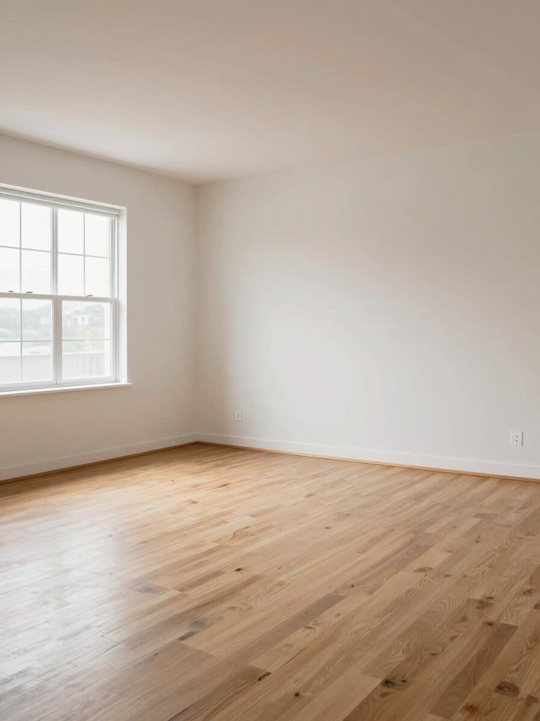 Wide environmental shot of an unoccupied residential living room photographed clean and empty, straight-on framing, bright overcast window light from the left, hardwood floor visible, no furniture, no people, clinical daylight