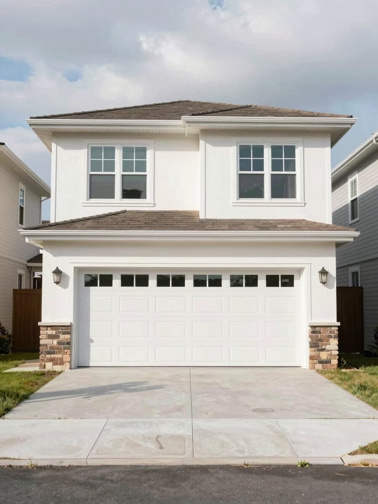 Wide environmental shot of a well-maintained two-story residential exterior, photographed straight-on in bright midday daylight, clean facade with trim visible, empty driveway, overcast sky above, generous negative space on left side of frame