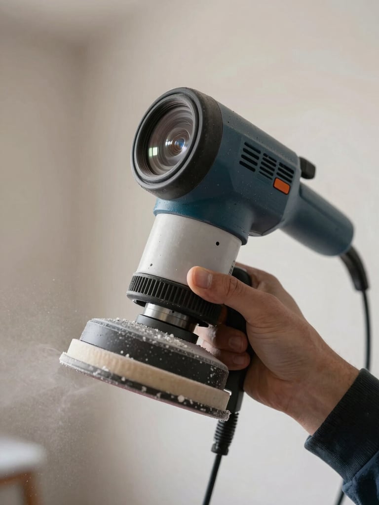 Close-up of a professional sander with an integrated dust-extraction vacuum system preparing a plaster wall, keeping the surrounding room clean and dust-free.