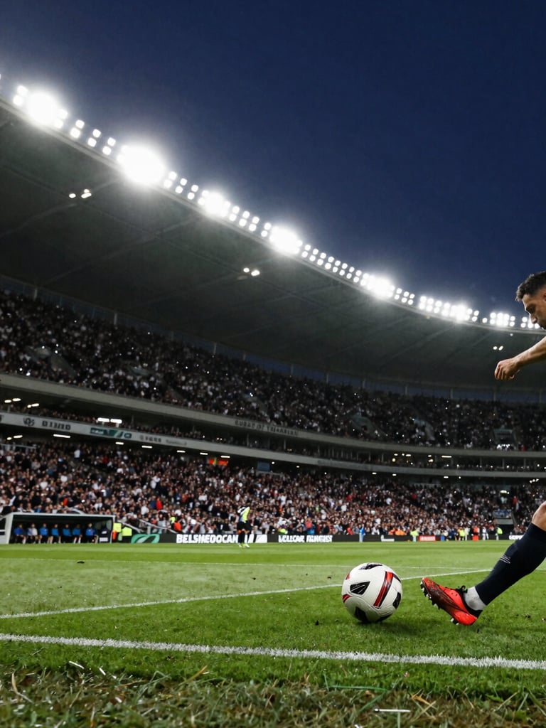 Wide cinematic shot of a packed football stadium at night, a player's boot striking the ball mid-kick in the foreground right third, stadium floodlights blazing against deep blue sky, crowd blur in the background left, high contrast between dark stands and bright green pitch
