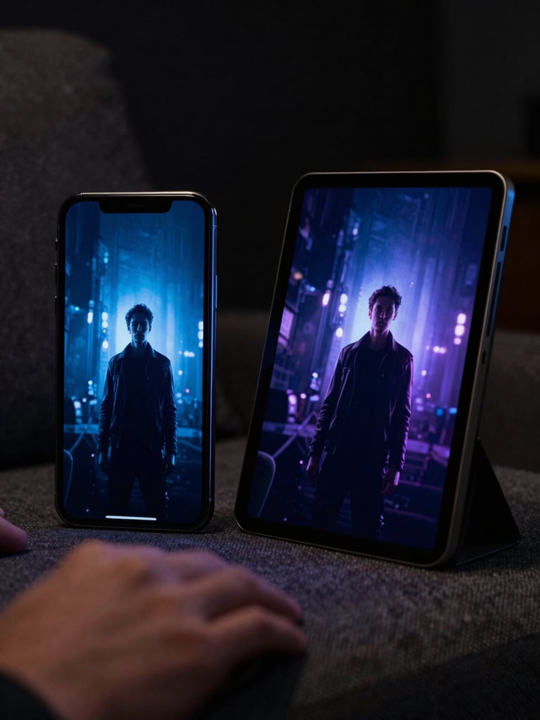 Close-up portrait of a phone and tablet side by side in a dark living room, both screens glowing with a cinematic movie poster — cool blue and purple light from the screens illuminating the devices against a near-black background, slight angle, hands resting on a couch armrest below