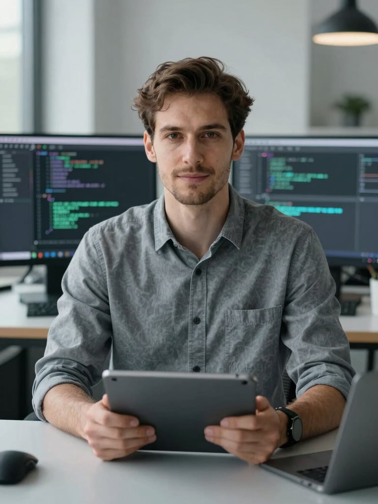 Straight-on portrait of a technical software analyst in a cool-toned modern workspace, desaturated slate tones, holding a tablet with lines of code, 35mm lens.