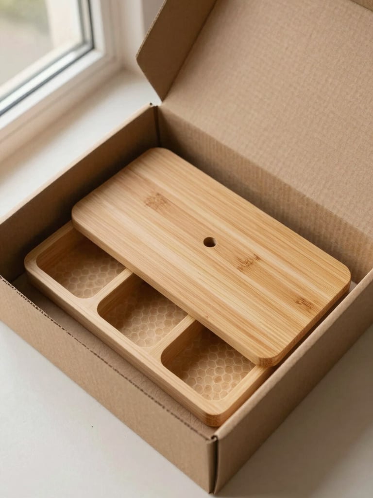 Overhead flat-lay of a cardboard shipping box packed with a bamboo desk organizer, wrapped in brown honeycomb paper, soft natural side-lighting.