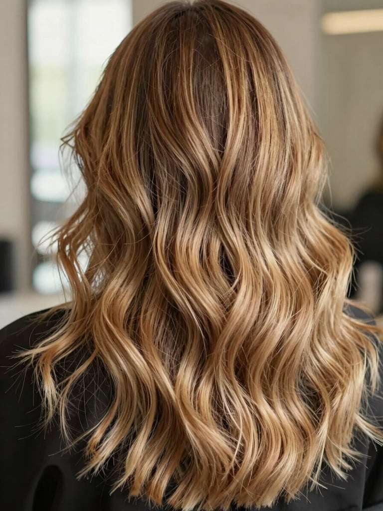 Close-up of a finished balayage transformation, rich warm blonde tones flowing through dark base, strand-level color depth visible, natural diffused window light, cropped tight on hair texture mid-movement