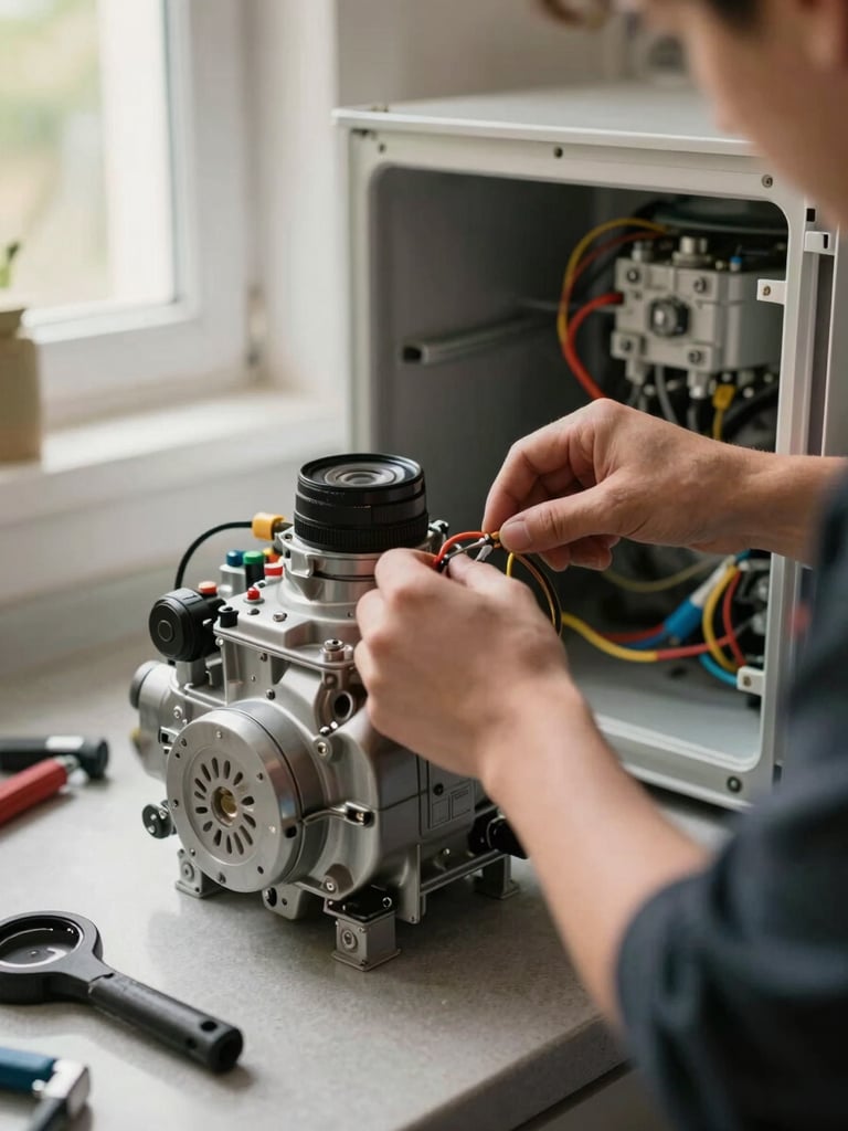 Close-up of a technician's hands connecting wiring inside a refrigerator compressor compartment, natural daylight from a nearby window, tools resting on a kitchen countertop beside the open appliance, warm ambient light