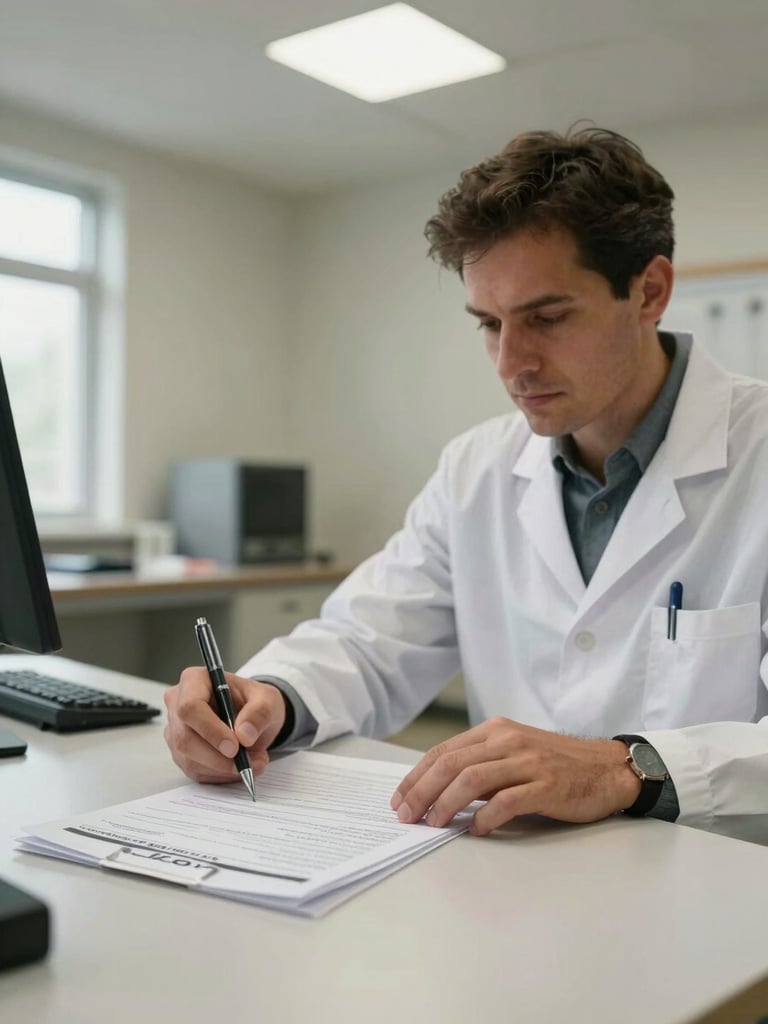 Medium shot of a psychologist at a clinical desk, pen in hand annotating printed patient intake forms, institutional fluorescent-neutral lighting from overhead and a window to the left, focus on hands and paperwork, no posed expression, practical clinical environment