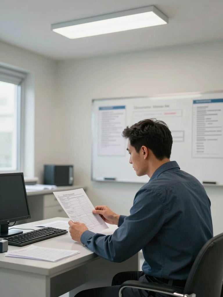 Wide shot of a clinical consultation room: a psychiatrist at a desk reviewing a printed medication chart under fluorescent-neutral overhead lighting, a whiteboard with diagnostic notes partially visible on the wall behind, institutional setting, no decorative elements, practical daylight from a side window