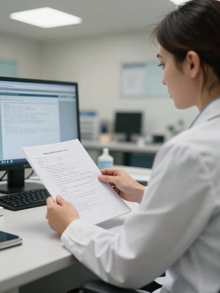 Medium shot of a psychiatrist seated at a clinical desk, reviewing a printed patient file with handwritten annotations, fluorescent-neutral office lighting, a monitor visible in the background showing diagnostic data, practical institutional space, no posed expression