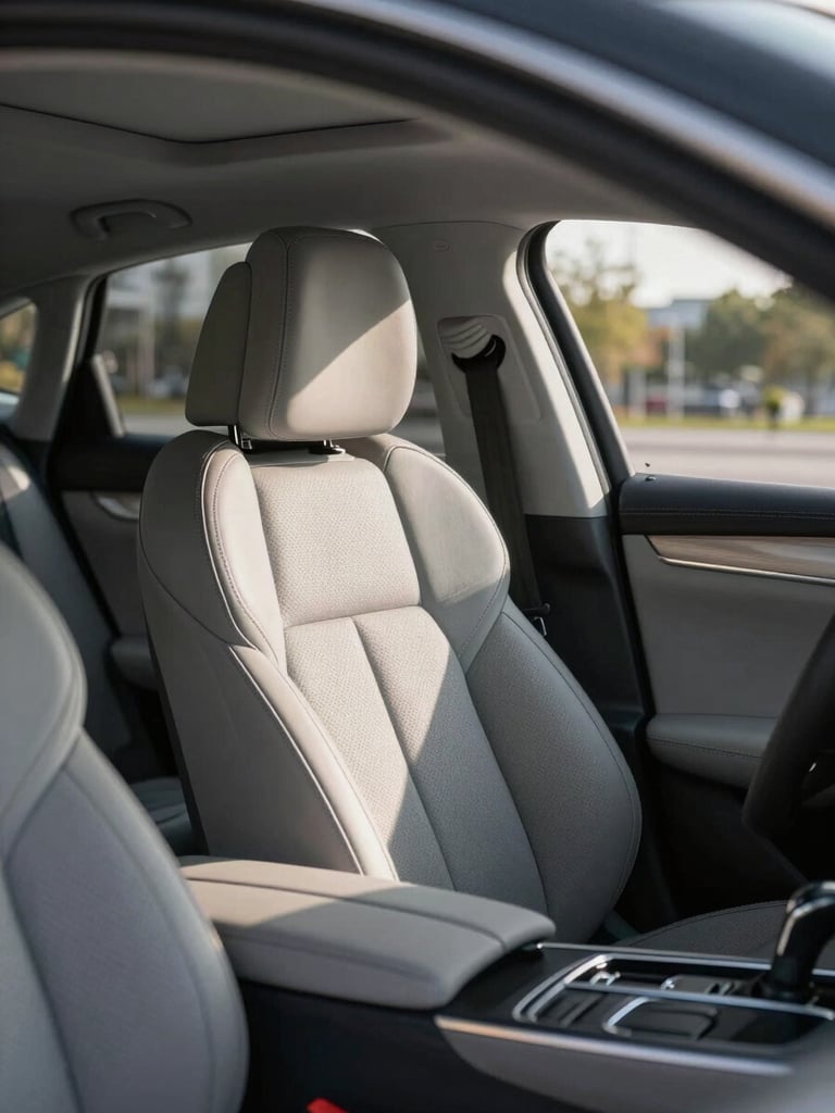 Spotless and clean modern car interior passenger cabin, leather seats, sunlight streaming through the window, professional and premium feel