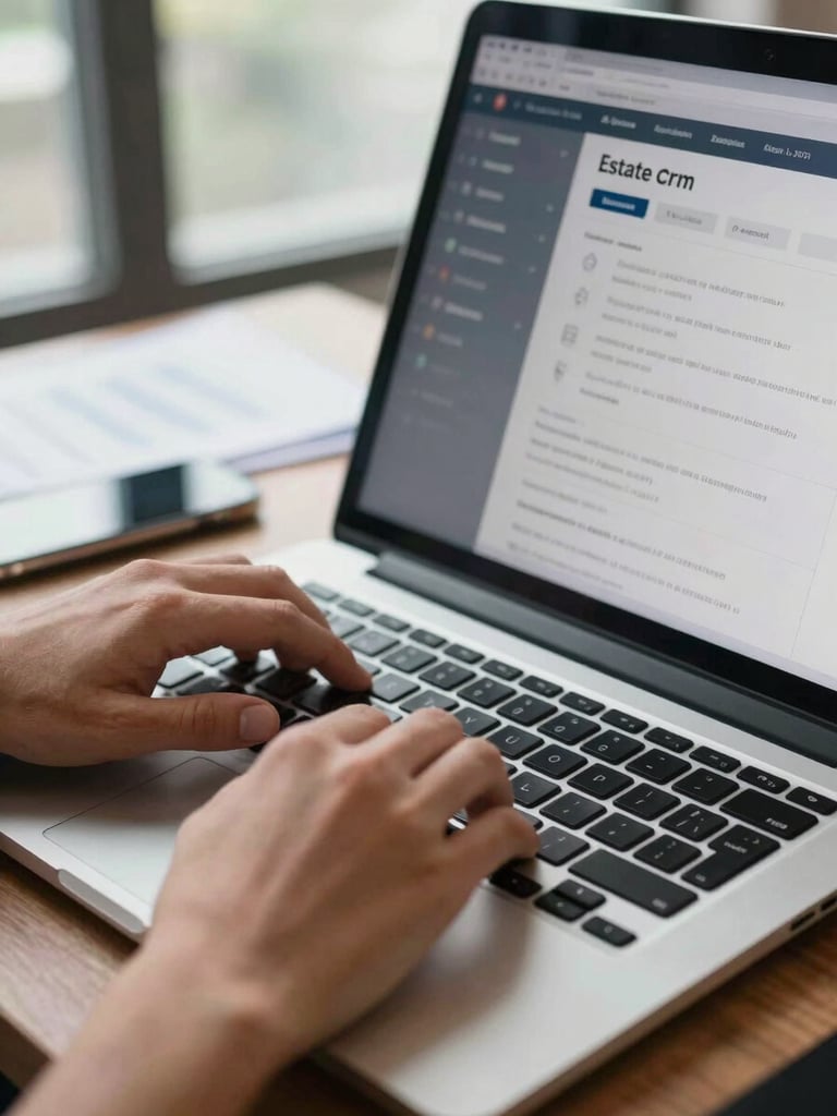 Close detail shot of hands on a laptop keyboard, a real estate CRM screen visible in background, natural daylight from office window, papers and a phone on the desk, calm working atmosphere