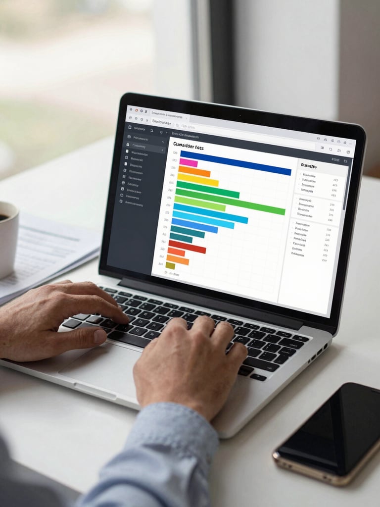 Medium shot of a broker's hands on a laptop keyboard, CRM dashboard visible on screen with color-coded lead pipeline stages, office environment with soft natural window light, papers and a coffee cup to the side