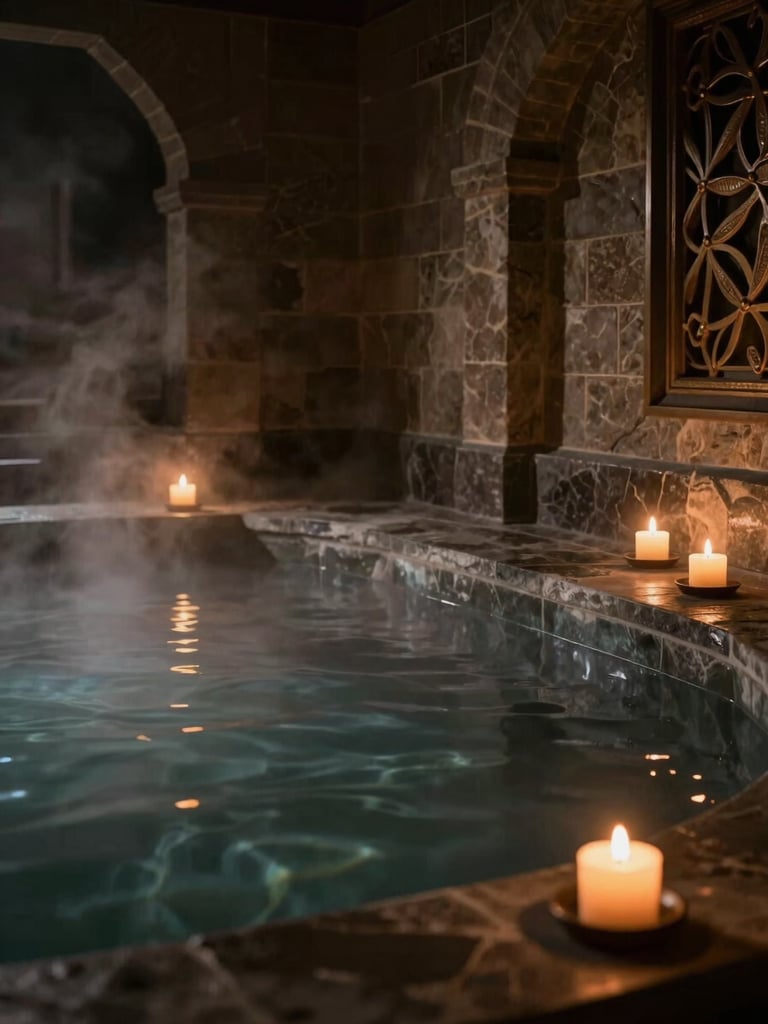 Soft steam rising from a dark stone jacuzzi pool, warm candle-lit lighting, serene architectural details of a luxury spa, moody atmosphere