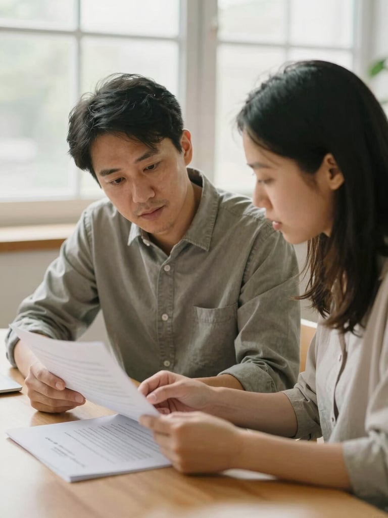A medium close-up of a consultant and parent reviewing university documents together over a clean wooden desk, expressions of focused concentration, bright natural window light, shallow depth of field, warm editorial style.