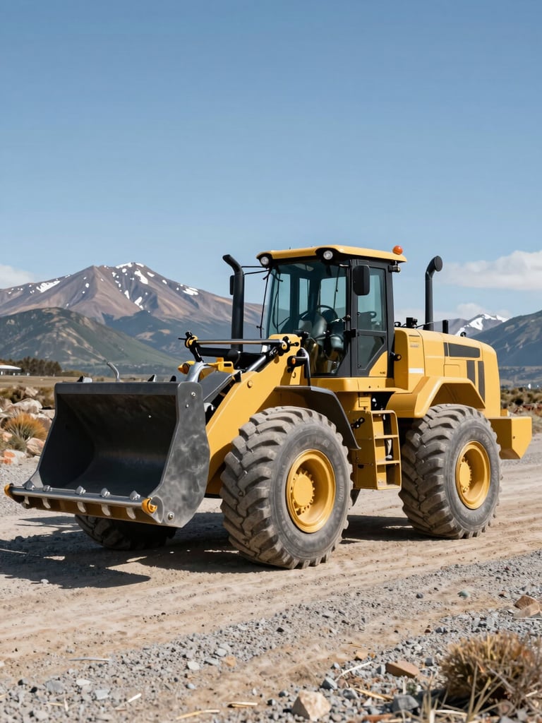 Oversized yellow heavy machinery loader parked on the dusty gravel of the Patagonian steppe under bright daylight, mountains in background.