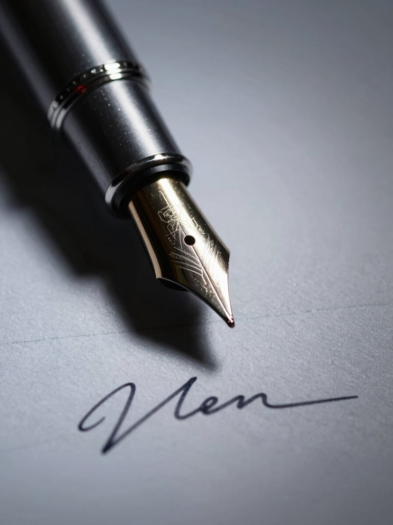 Stark macro photograph of a fountain pen tip resting on a physical contract signature line, high-contrast side-lighting, deep shadows, cool desaturated tones