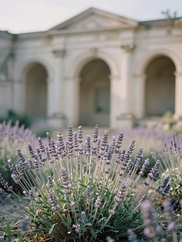 Double-exposed architectural ruins in soft focus, overgrown with pale lavender flora, bathed in diffused, unearthly light.