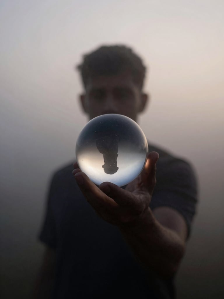 A figure partially obscured by dense morning mist, low-contrast twilight, soft-focus silhouette holding a glass sphere that refracts light.