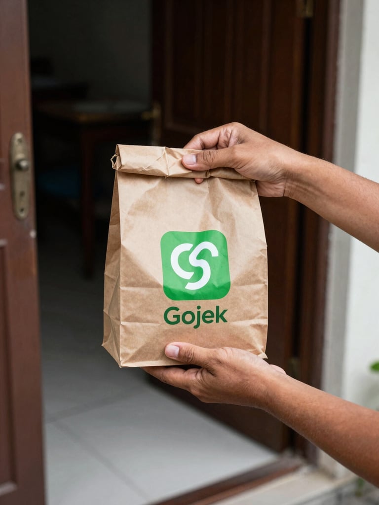 Close-up overhead shot of a Gojek driver's hands handing over a sealed food delivery bag to a customer at a doorstep, natural midday light, Southeast Asian urban doorway in the background