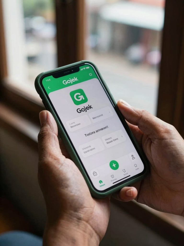 Close-up of hands holding a smartphone displaying the Gojek app mid-transaction, natural north-facing window light falling across worn knuckles and a green phone case, street noise visible through a blurred open window behind