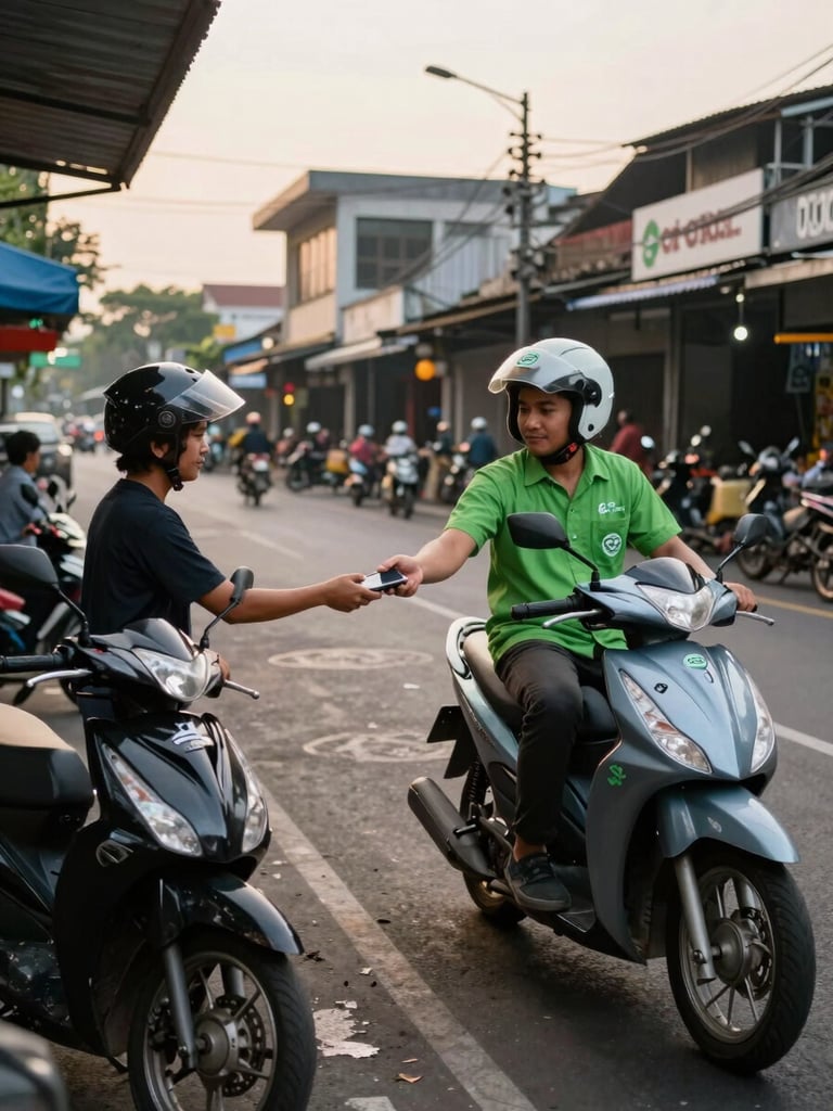 Wide environmental shot, a Gojek driver on a Jakarta street handing a phone to a user mid-transaction, natural golden-hour daylight, motorcycles and shopfronts visible in background, framed from the left with open space to the right