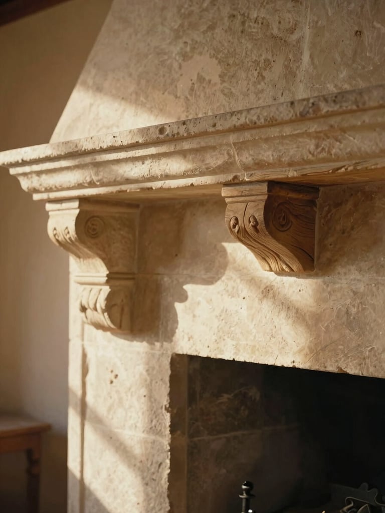 Close-up of architectural details of a historic stone fireplace and hand-carved oak beams, warm natural golden-hour light, 35mm film style, shallow depth of field