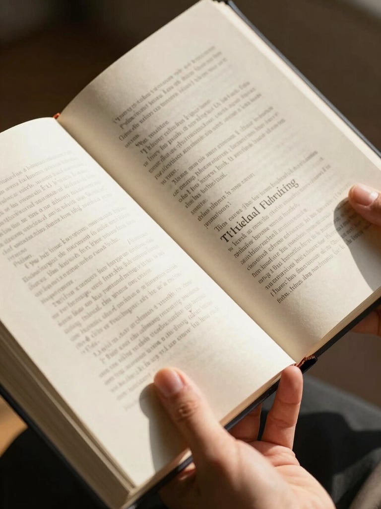 A close-up, natural-light shot of hands holding an open book, showing the elegant serif typeface and high-quality cream paper texture, soft directional morning light.