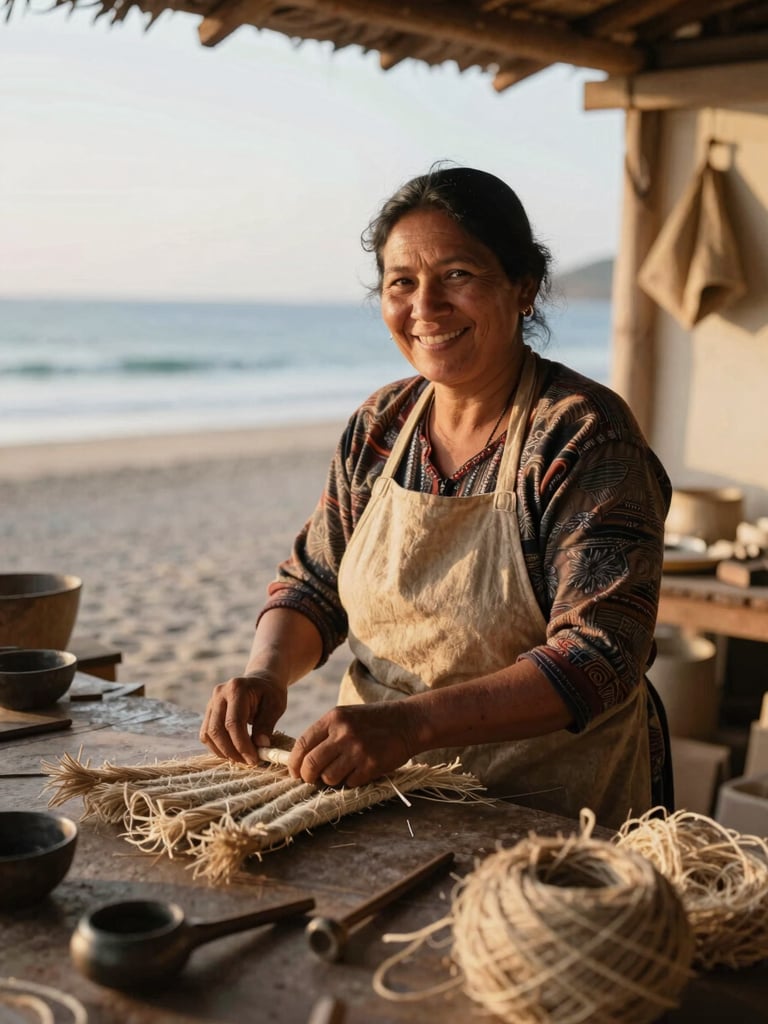 A smiling local woman artisan in her workshop, surrounded by natural fibers and tools, warm coastal golden hour light, authentic portrait