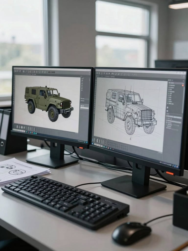 Close-up wide shot of a dual-monitor CAD workstation mid-workflow, screens showing precise military vehicle wireframe geometry, cool daylight from studio windows raking across the desk surface, reference binders and technical drawings visible at frame left, tight environmental framing with no visible faces