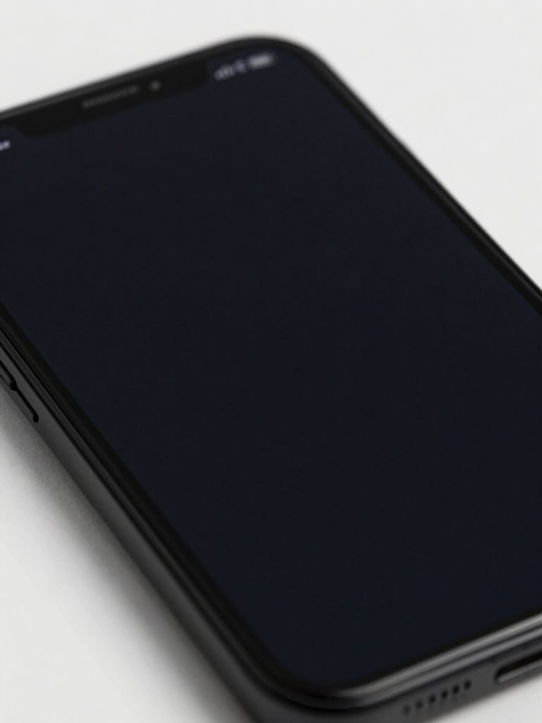 Extreme close-up of an Android phone screen displaying a minimal dark UI, cool studio light eliminating all glare, sharp edges of the glass visible at the frame, matte black device body filling the lower portion, flat overhead angle showing proportion and restraint