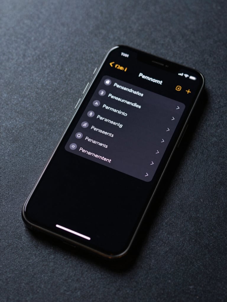 Overhead flat-lay of an Android phone displaying a sparse permissions dialog with minimal text entries on a dark interface, cool studio lighting, matte desk surface, no glare, tight crop showing screen and thin device bezel