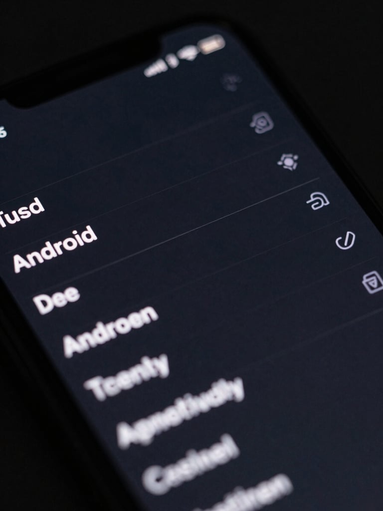 Extreme close-up of an Android phone screen showing a minimal dark UI with sparse text labels, cool studio lighting, no glare, overhead angle emphasizing screen clarity and restraint