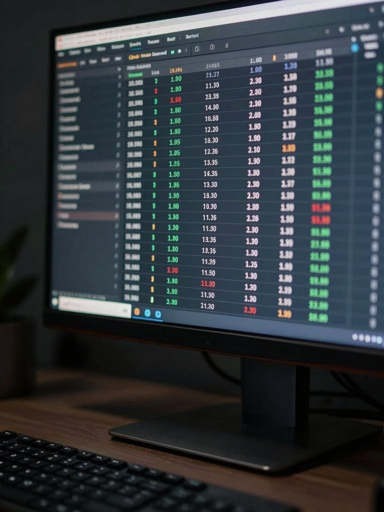 Extreme close-up of a financial dashboard on a wide monitor, columns of figures and a structured data table visible, cool studio lighting from the left, deep charcoal desk surface in the foreground, shallow depth of field