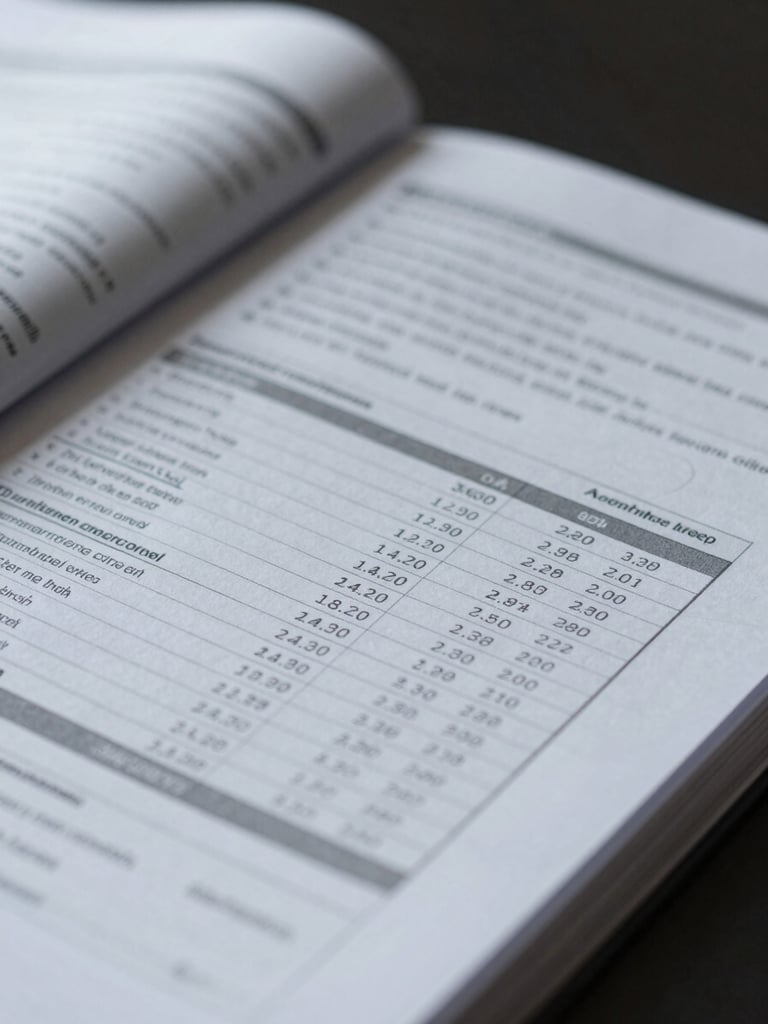Extreme close-up of open financial documents and printed audited statements on a dark desk, cool studio light raking across the pages, selective focus on numerical rows, no legible sensitive data visible, charcoal and white tones