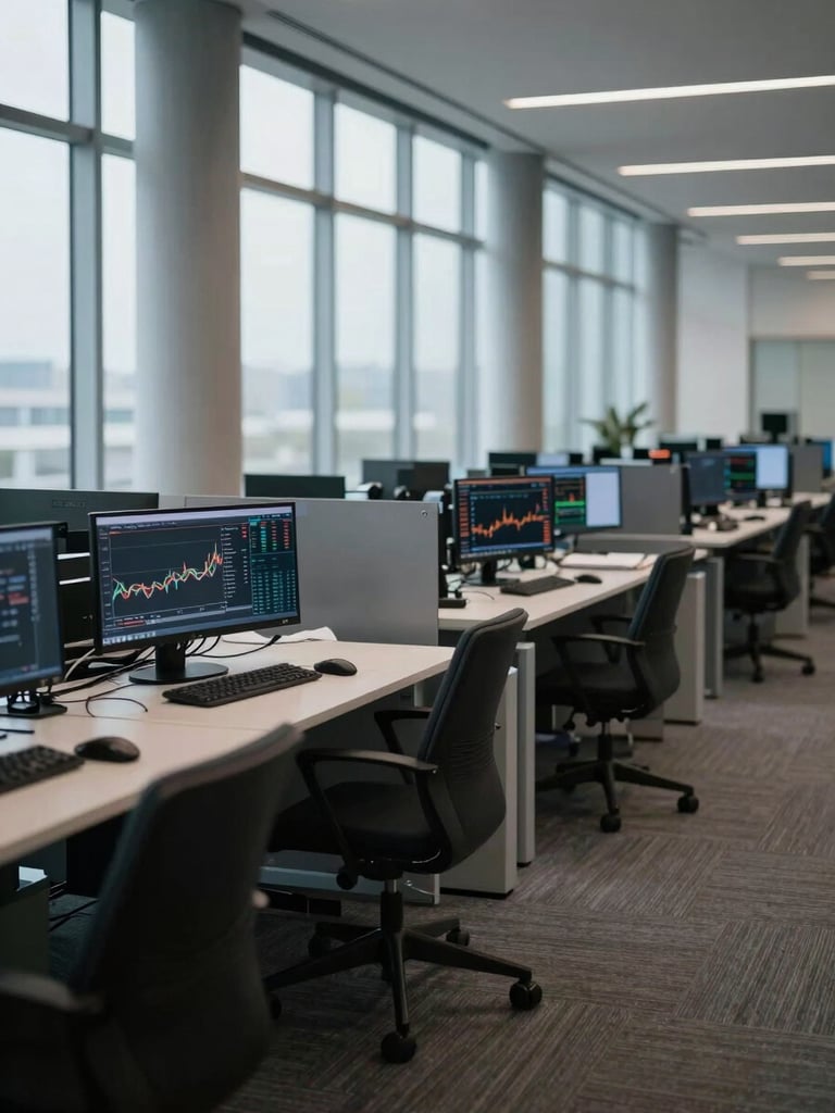 Wide shot of an empty executive trading floor, rows of dark monitors displaying financial data and charts, cool overcast light from floor-to-ceiling windows, architectural columns visible, deep depth of field, no people present