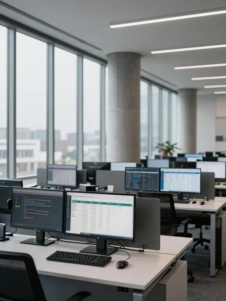 Wide-angle interior shot of a modern financial office, empty workstations with multiple monitors displaying compliance dashboards and regulatory data grids, cool overcast daylight entering from floor-to-ceiling windows on the left, structural concrete columns visible, minimal and precise