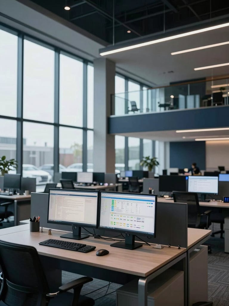 Wide-angle interior of a modern financial office, empty workstations with dual monitors displaying data dashboards, cool north-facing daylight through floor-to-ceiling glass, deep navy and charcoal architectural tones, no people present