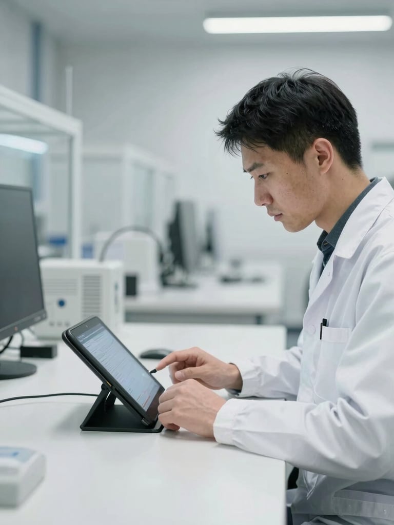 Focused technician operating an advanced diagnostic tablet, clean industrial setting, cool desaturated tones with sharp contrast, 35mm architectural lens